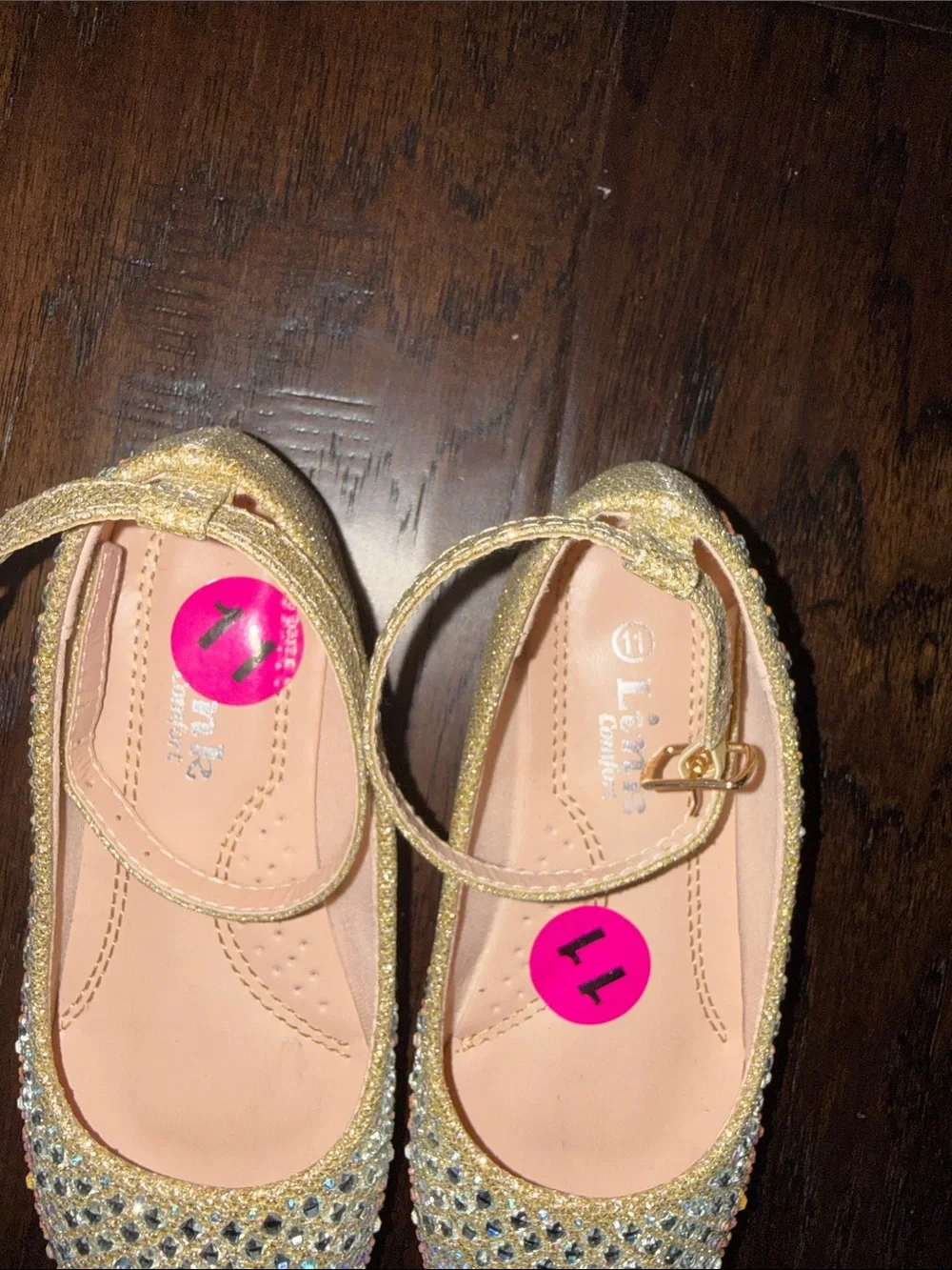Girls Gold Glitter Rhinestone Ankle-Strap Flats